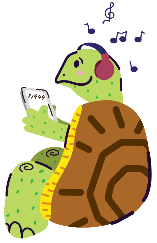 Turtle relaxing while listening to music and playing on their phone