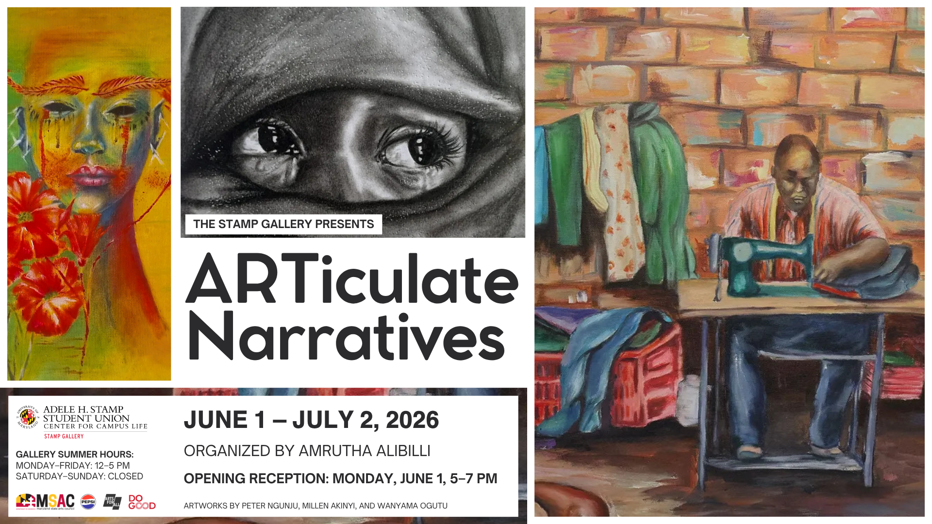 Image includes three artworks. On the left is Peter ngunju's painting of a woman and a red flower, in the middle is a charcoal drawing by Millen Akinyi, and on the right is wanyama ogutu's painting of a man sewing as he sits in front of a brick wall. The image reads additional information about the exhibition, included in the body of text below.