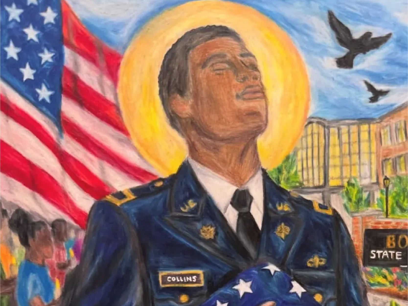 A work of art depicting Lt. Collins, an American flag, and Bowie State University.'