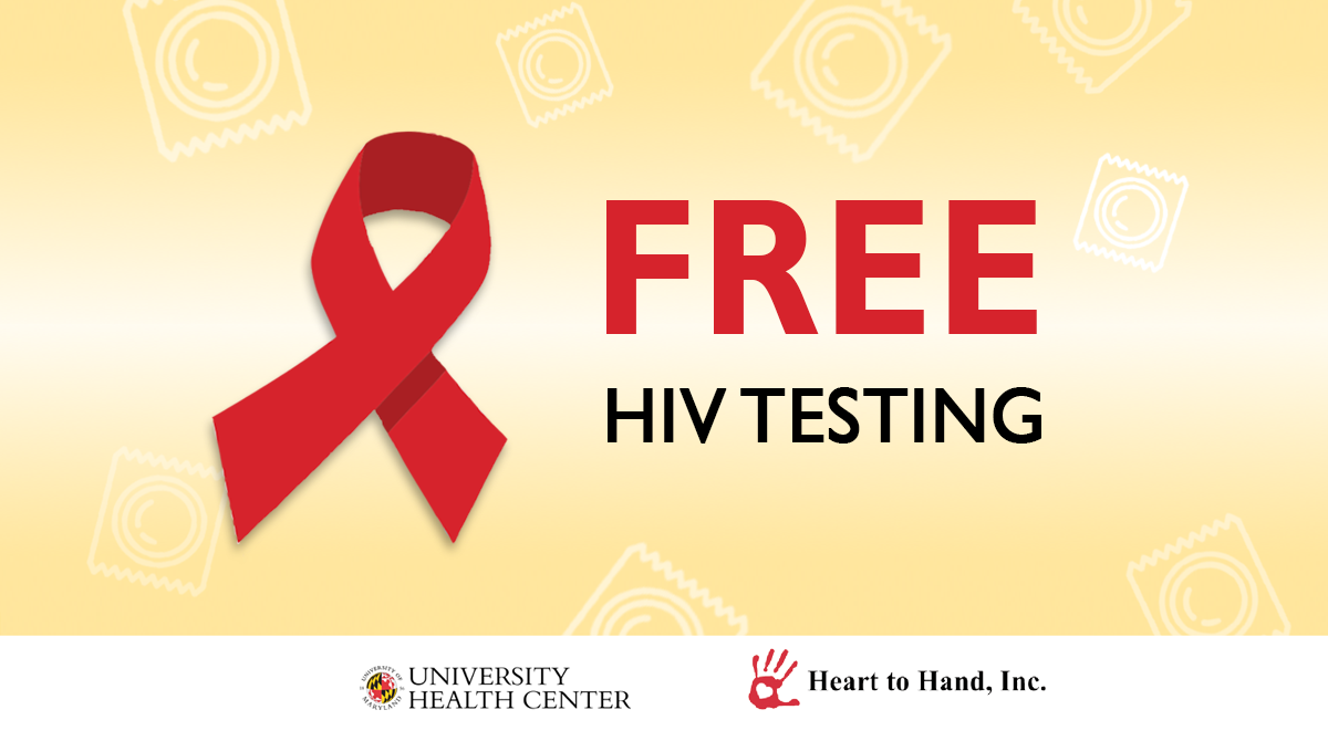 Free HIV Testing with red ribbon decorative image. University Health Center logo, Red handprint with Heart to Hand, Inc. text