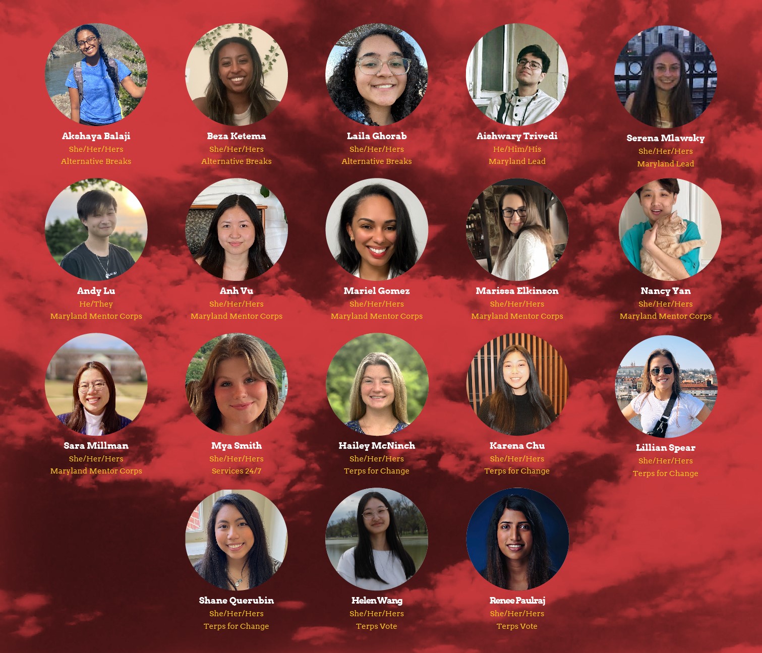 red background with headshots of 18 individual students who are interns