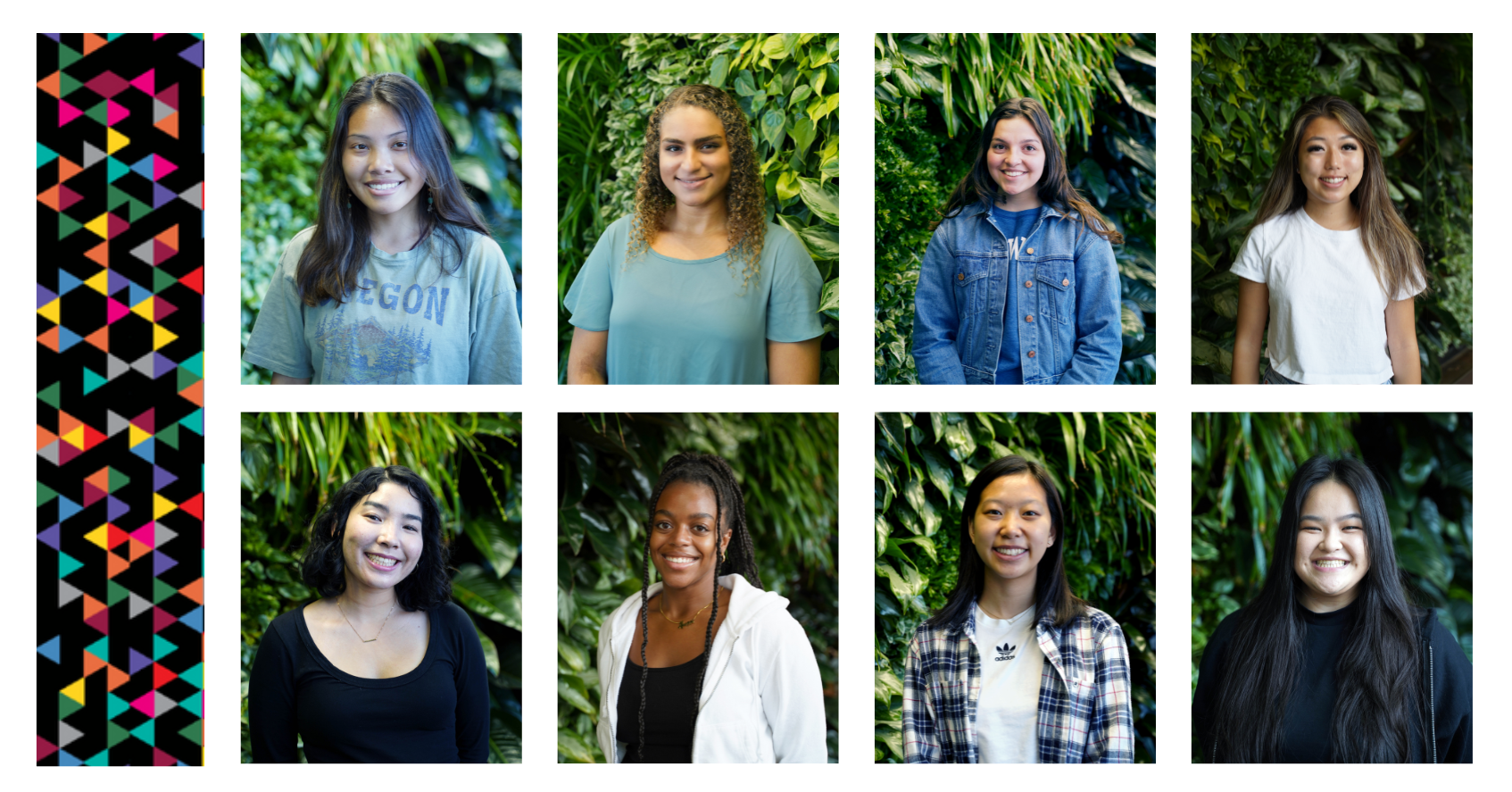 Headshot photos of eight student interns with a left border of colored triangles on black backgroun 
