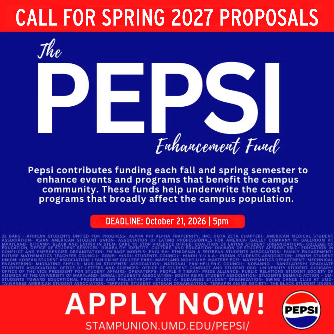 A graphic for the pepsi enhancement fund cal for proposals for the Spring 2027 semester.