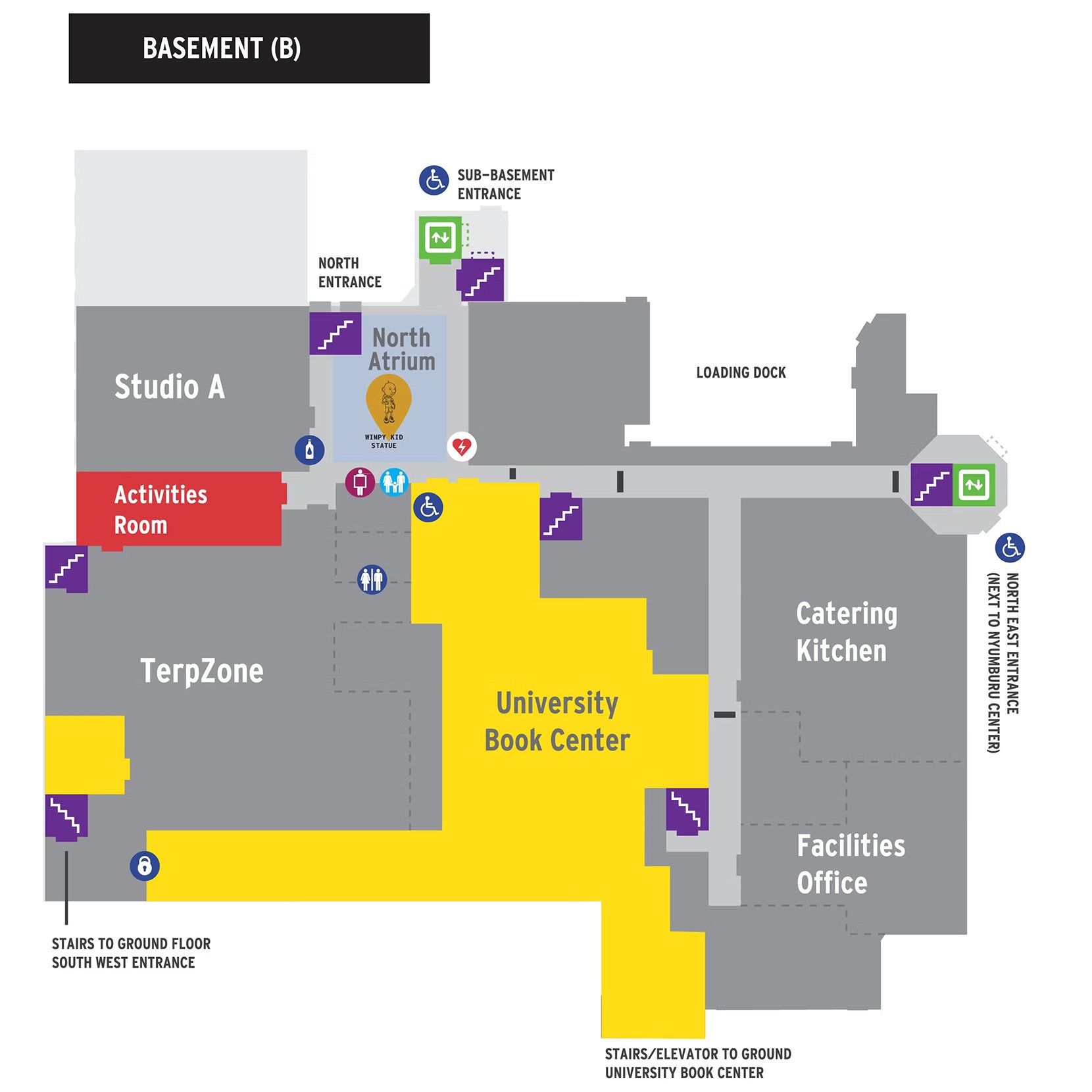 Stamp Basement Level Map featuring TerpZone, Studio A and the University Bookstore.