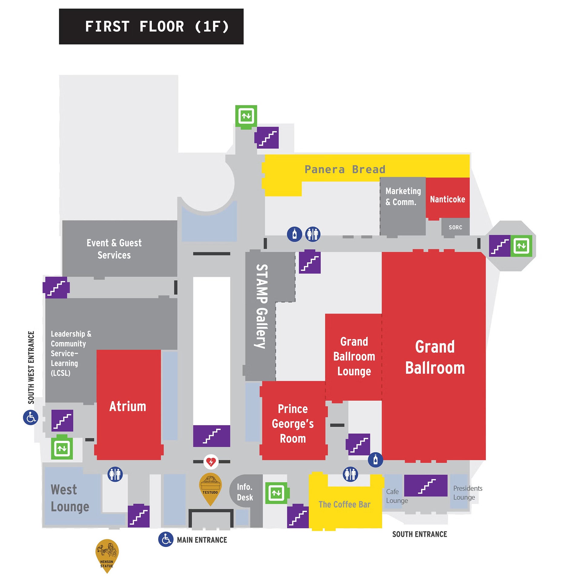 Stamp First Floor Map featuring the main entrance, Stamp Gallery and Grand Ballroom.