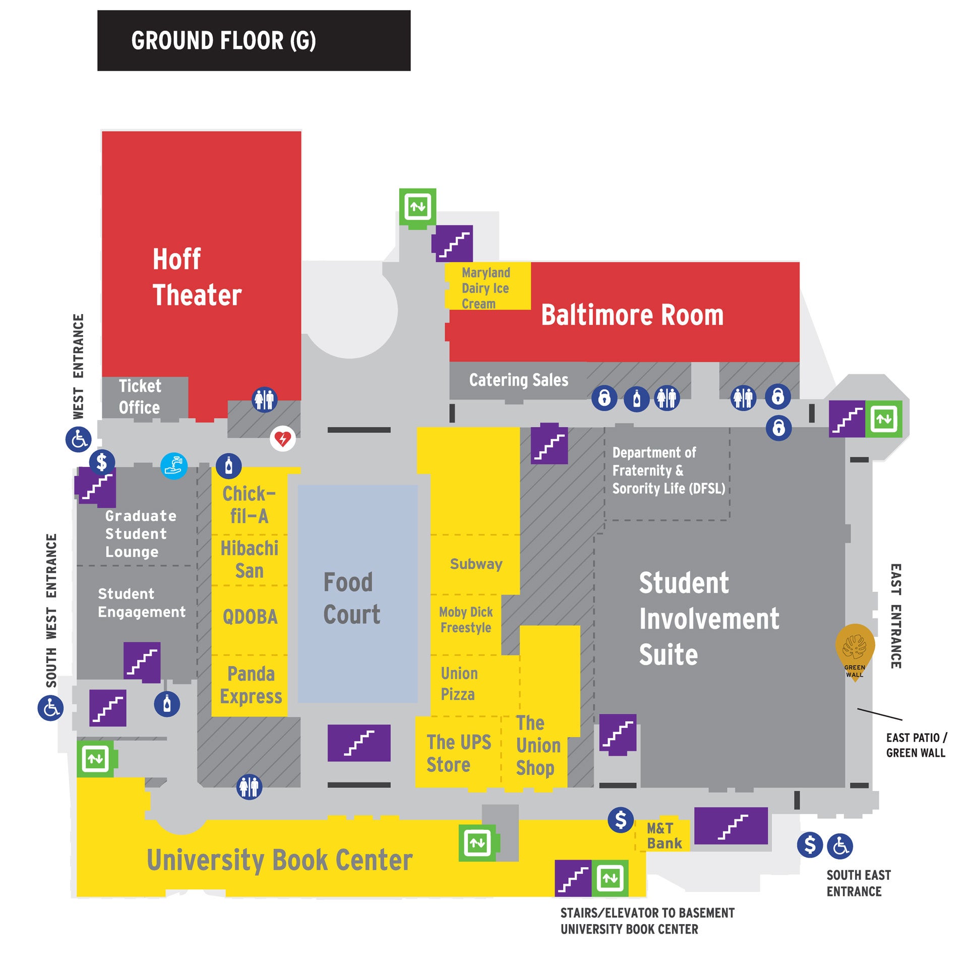 Stamp Ground Level Map featuring the Hoff Theater, Food Court and Student Involvement Suite.