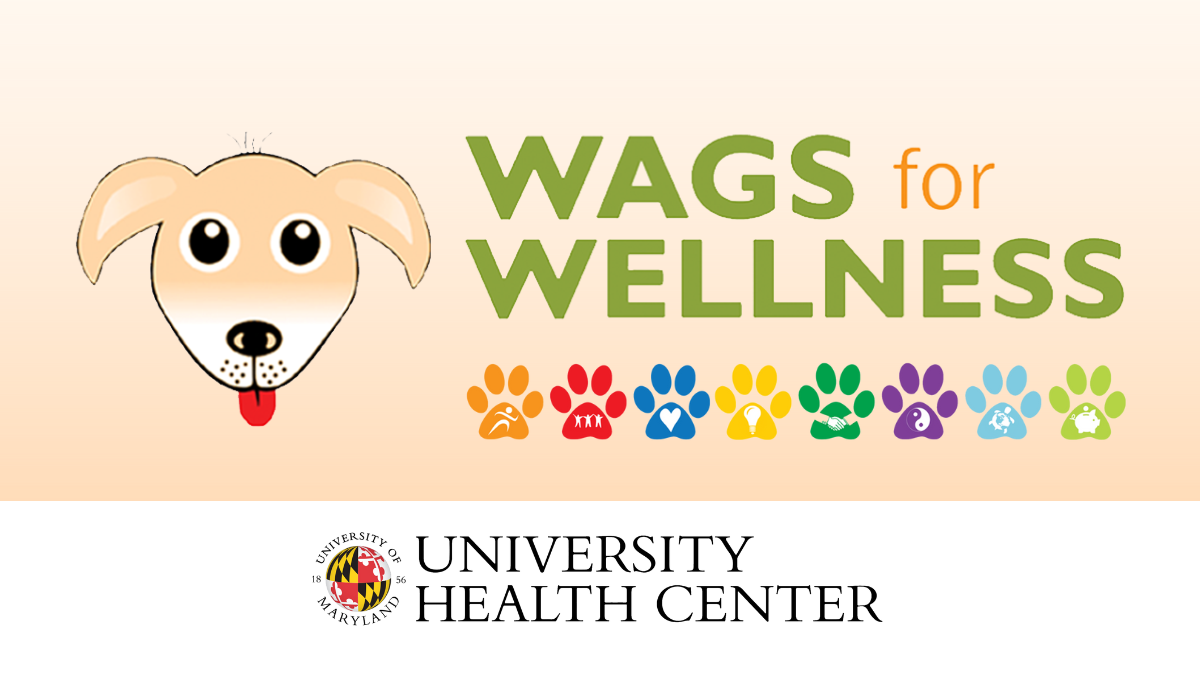 Wags for Wellness in orange and green. Puppy image and multicolored paw prints. University Health Center logo
