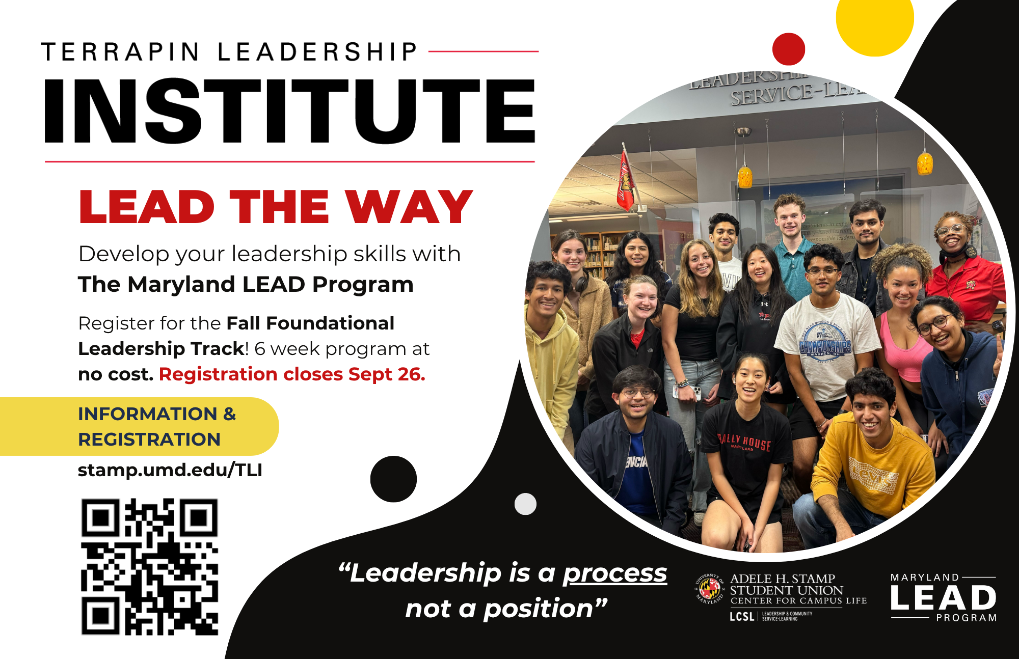 Promotion Graphic: Develop your leadership skills with The Maryland LEAD Program. Register for the Fall Foundational Leadership Track! 6 week program at no cost. Registration closes Sept 26.