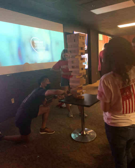 Students playing giant Jenga at Terpzone