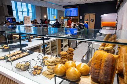 Display case of bread and pastries at Panera Bread in the Stamp Student Union.
