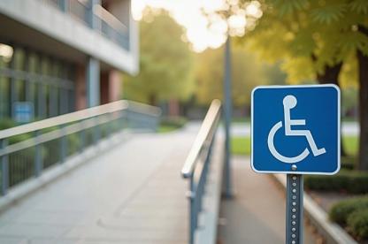 Wheelchair accessible sign in focus with a building entrance and ramp in the background. 