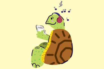 drawing of a turtle with headphones and texting on a phone. 
