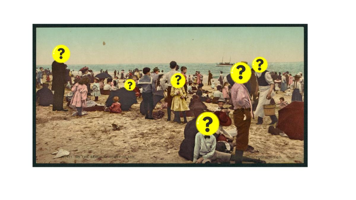 Vintage photo of people on a beach with question marks on their faces