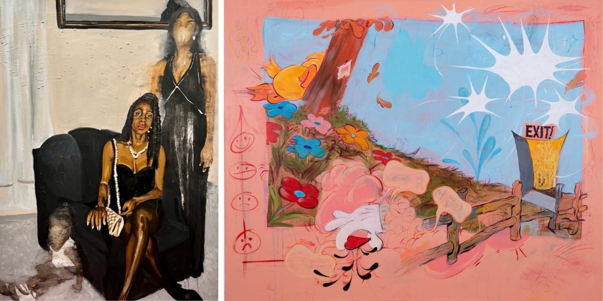 To the left: Jerrell Gibbs, "Untitled," 2024, oil on canvas,  50 1/8 x 36 1/4 inches. To the right: Lolo Gem,  "Storyboard 01," 2021,2021, acrylic, pastel, and collage on canvas, 48 x 60 inches.