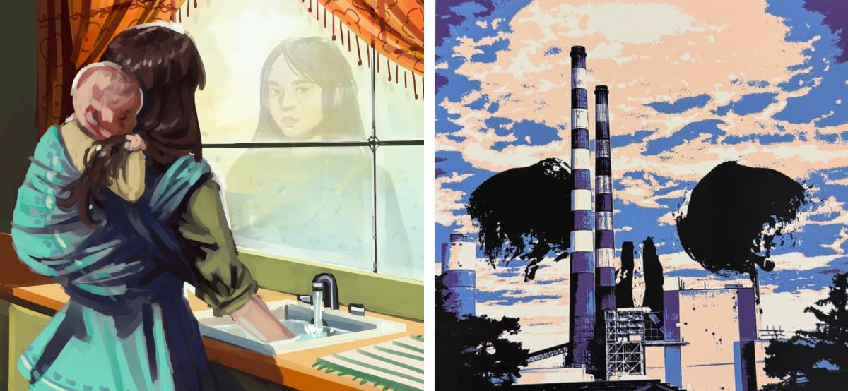 Side-by-side artworks. On the left is Seoul to Monterey (2025), a digital illustration by Lynne Regules showing a woman washing dishes at a kitchen sink while carrying a baby on her back in a cloth wrap. Warm light filters through orange curtains, and the woman’s faint reflection appears in the window in front of her. On the right is Generation Station (2025), a screen print by Nicholas Femia depicting an industrial power plant with tall striped smokestacks set against a sky of peach, blue, and lavender.