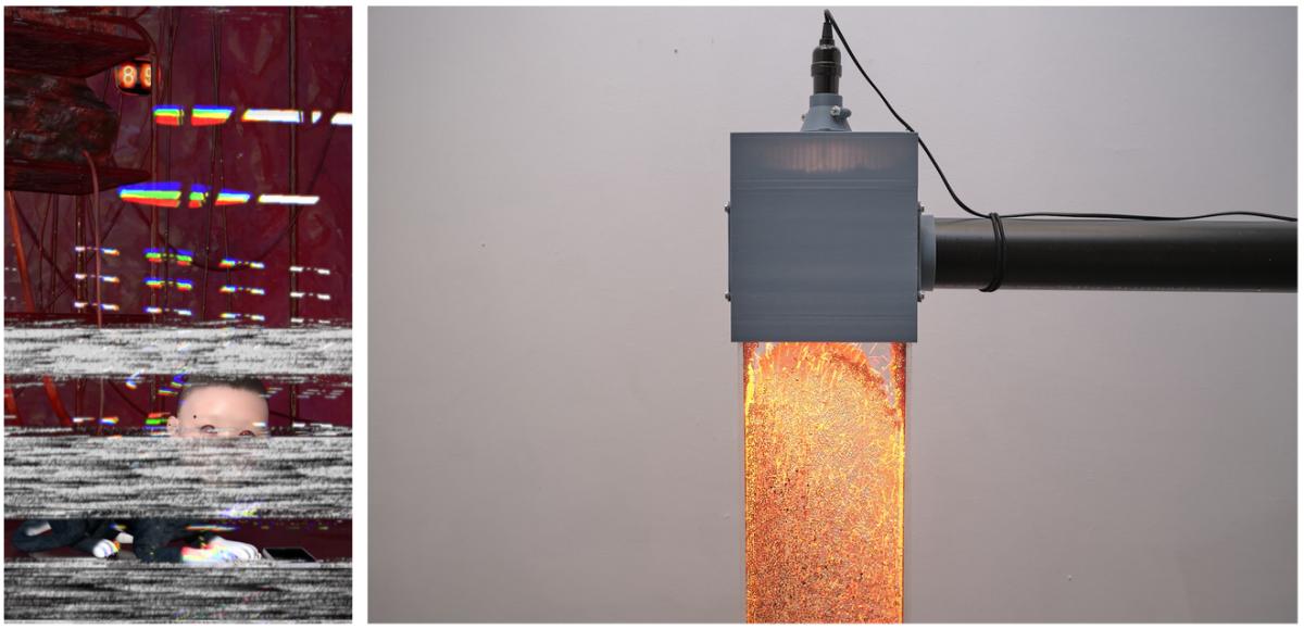 Side-by-side artworks. Left: Wednesday Kim- a glitch image under which you can see a red field, white horizontal lines, and what appears to be a baby head. Right: Joshua Prince, a gray machine with a clear rectangular case in which tiny orange styrofoam balls move and glow.