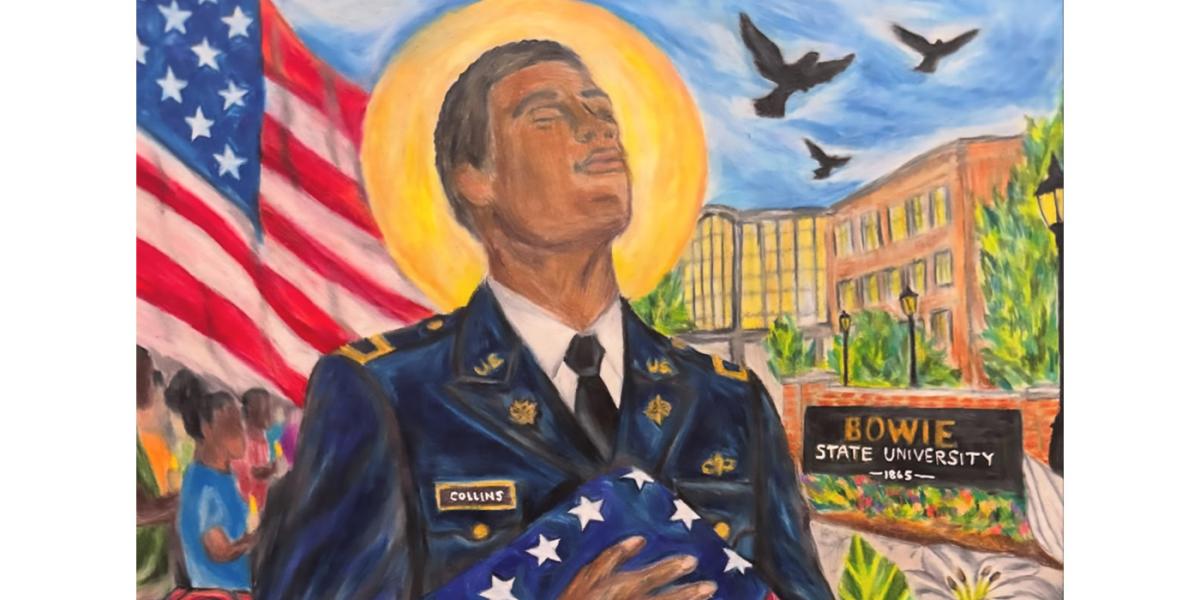 A colored pencil drawing by Diana Gonzales of Lt. Richard Collins III with Bowie State University, flowers, and candles surrounding his figure