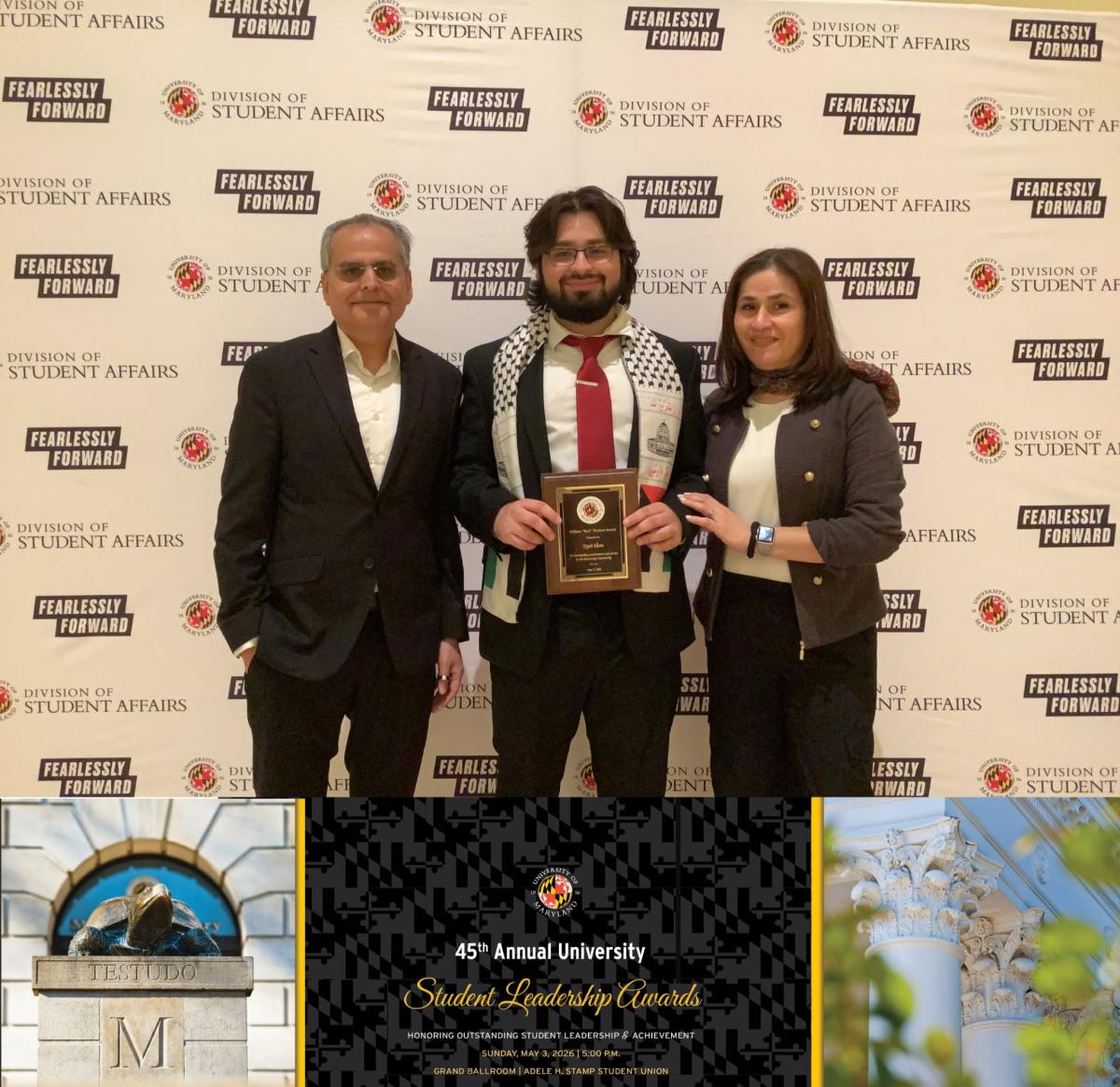 Photobooth photo of an award recipient and family