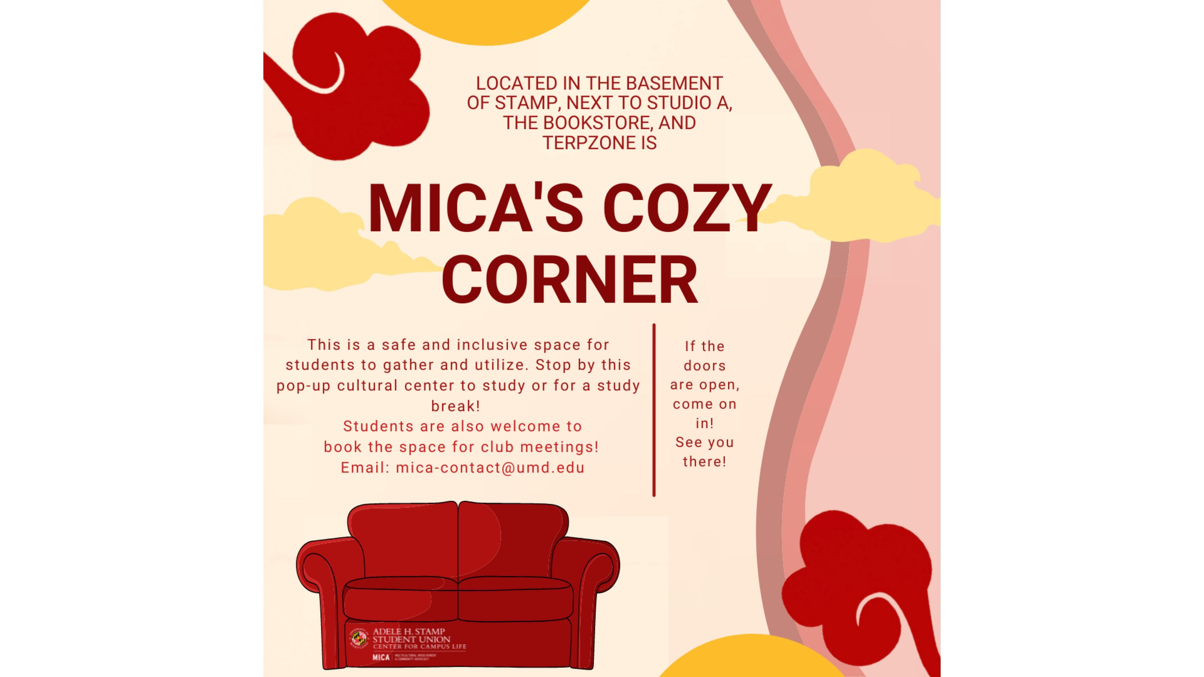 Red sofa at the bottom of a two tone tan and pink square with text above it: MICA's Cozy Corner. A safe and inclusive space for students to gather and utilize. Red and yellow shapes frame the words around the edges of the square.