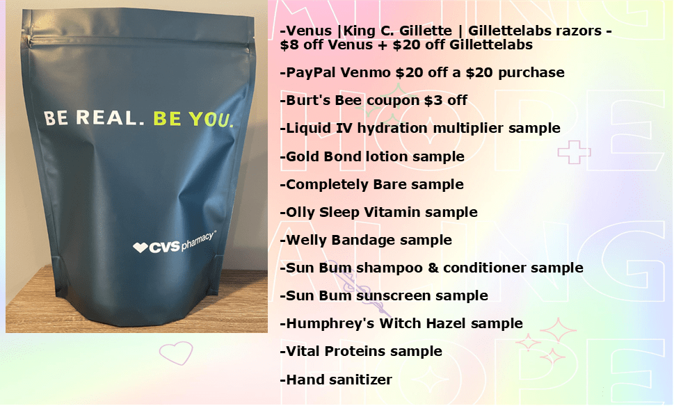 Image of one blue-green solid quart sized plastic zip-loc CVS packet with text printed in yellow and white block letters "Be Real. Be You. CVS Pharmacy" alongside a list of items inside the packet on a marble pastel background.