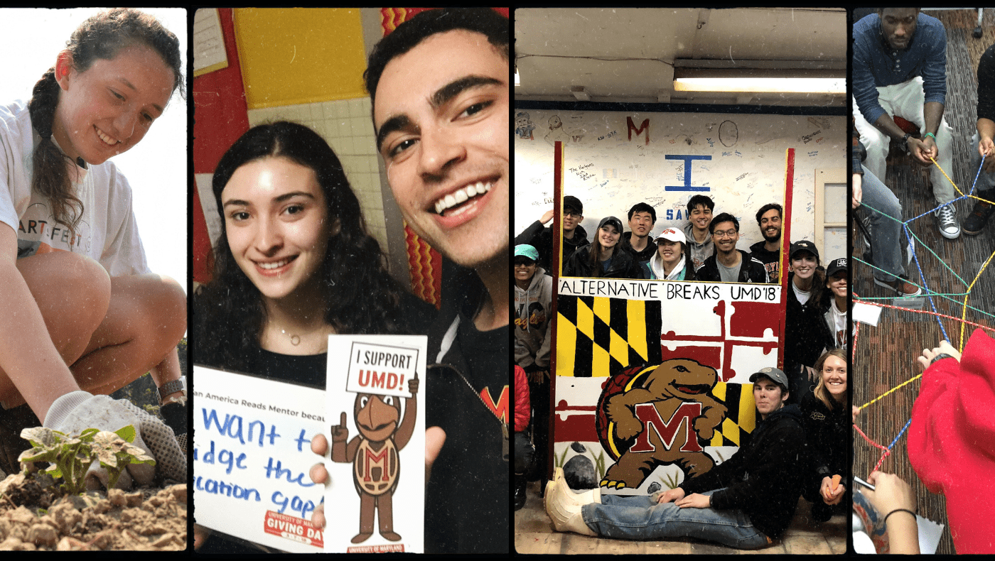 series of images: girl planting, students holding signs, group posed with testudo, hands working on puzzle