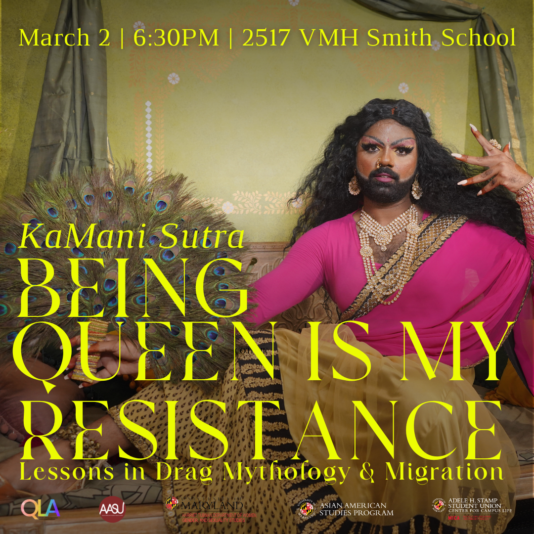 Graphic of bearded drag artist in pink and gold outfit holding a fan of peacock feathers with yellow text on top
