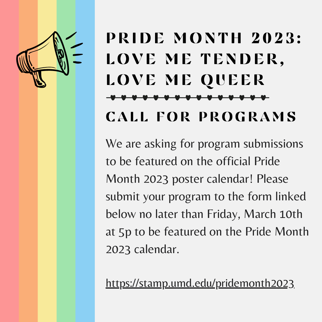 Graphic of megaphone in front of rainbow stripes on the left; black text in front of grey background on the right. The text is repeated in the body of the paragraph next to this image.