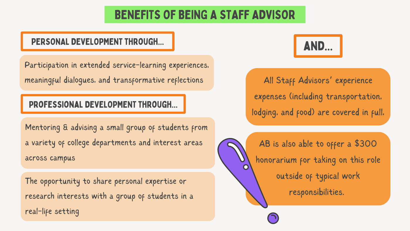 Benefits of being a Staff Advisor include: personal development, professional development, and the opportunity to share personal expertise & research interests. 