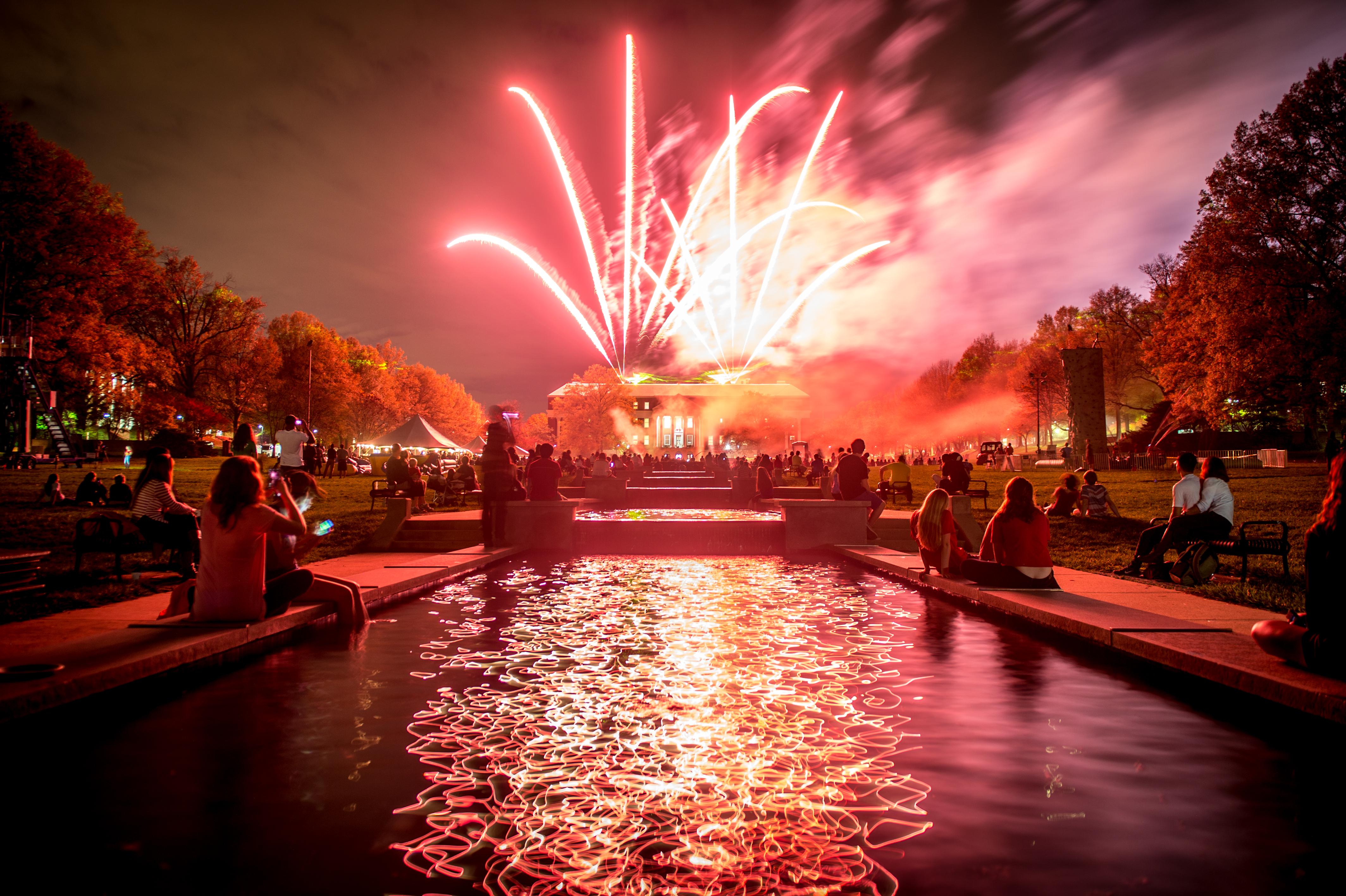 students by the fountain on McKeldin mall watching the fireworks