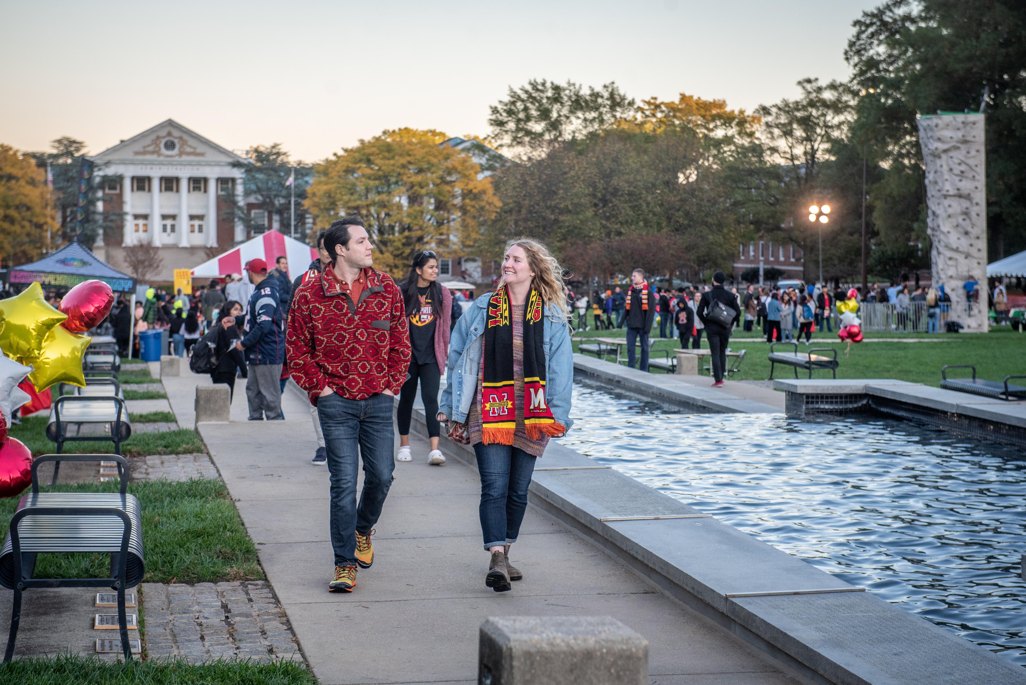 students walking by the fountain on McKeldin mall