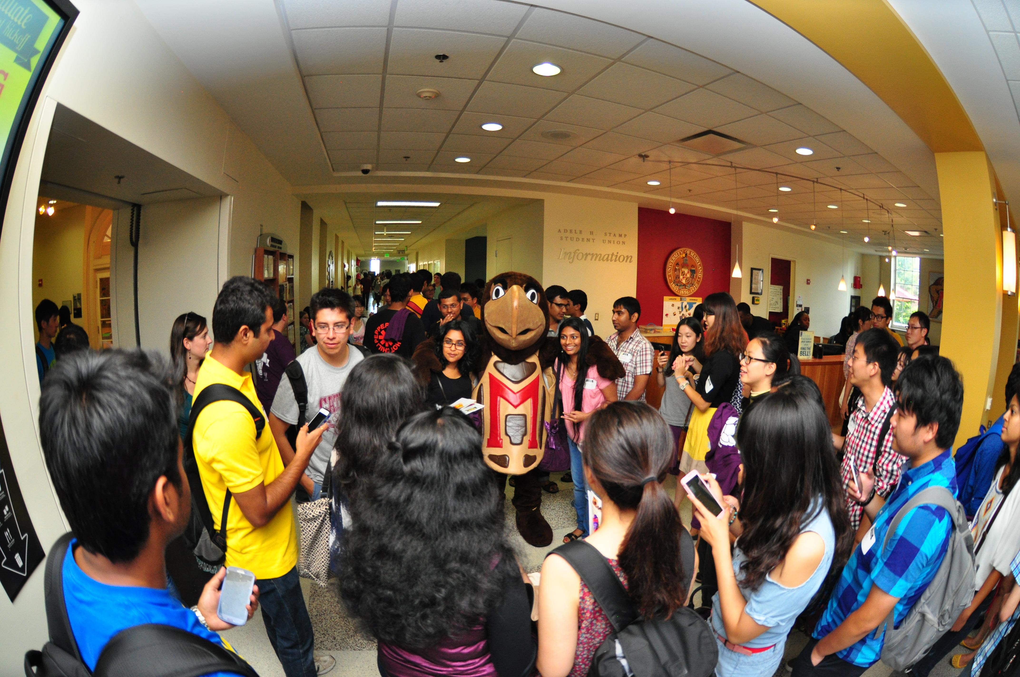 Testudo with a crowd of students in Stamp