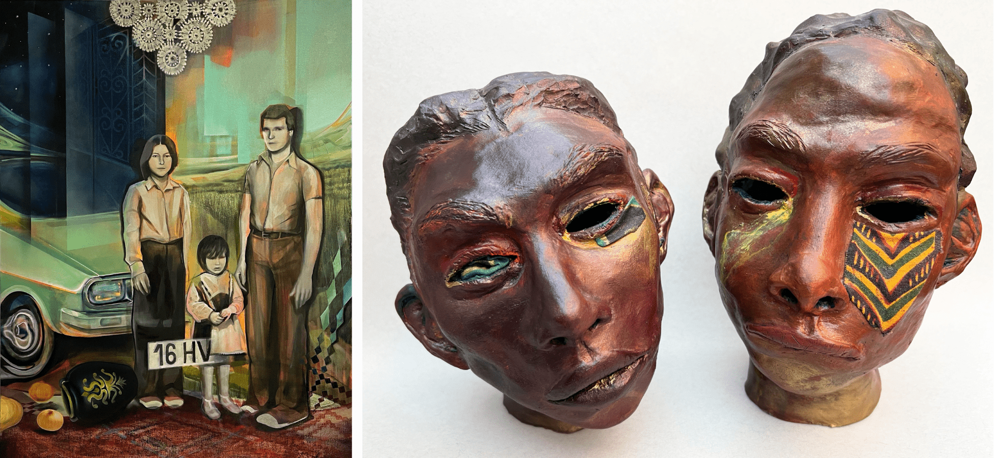 Left: Mehmet Uskul, Where are you from?, 2025, oil on canvas, 36 x 48 in. Right: Jessica Cherry, Elucidate, 2025, acrylic, spray paint, fabric, and shoe polish on ceramic, 8 x 10 x 5 in.