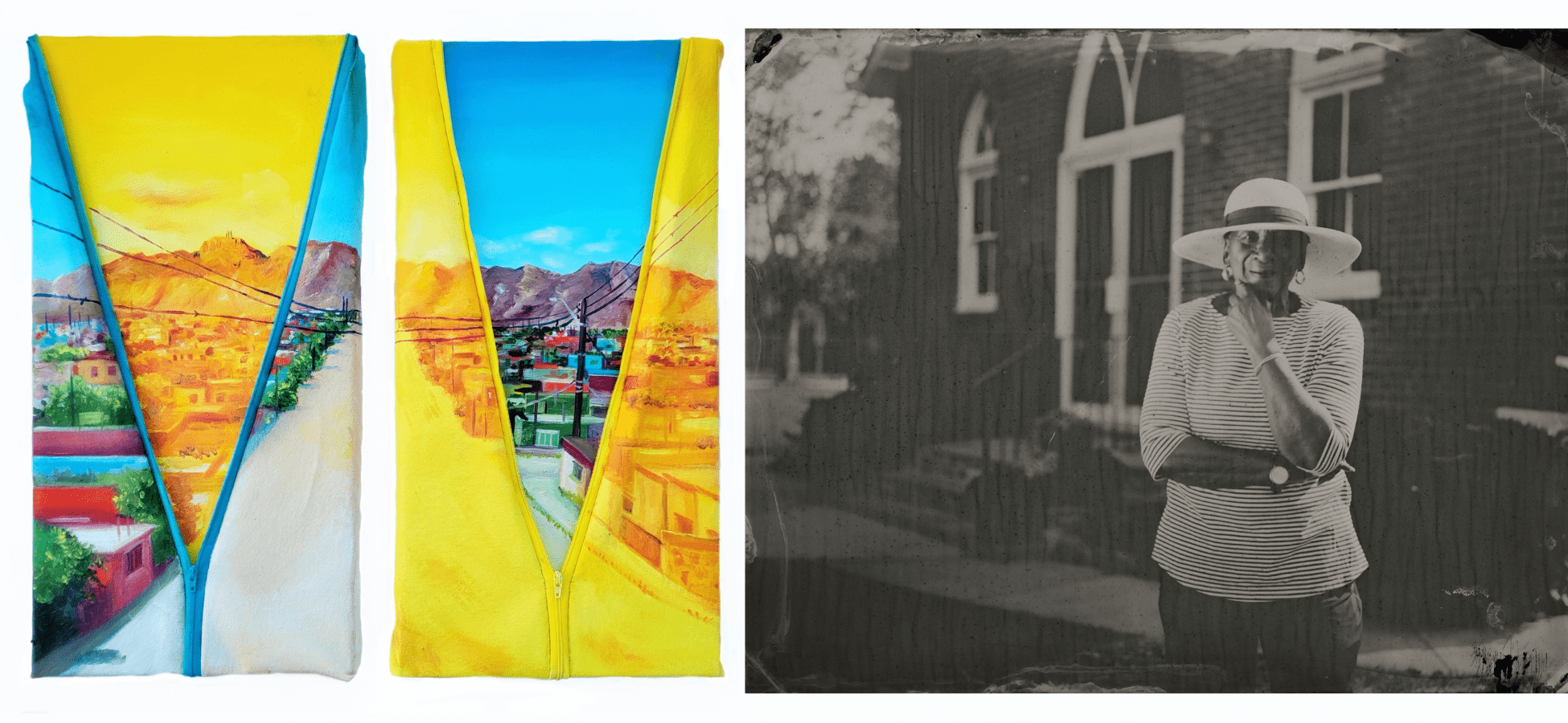 Side-by-side artworks. Left: Paloma Vianey—two folded, zippered textile panels painted with vivid landscapes and cityscapes in yellow, blue, and orange. Right: Elena Volkova—black-and-white portrait of an older Black woman wearing a hat, standing thoughtfully outdoors.