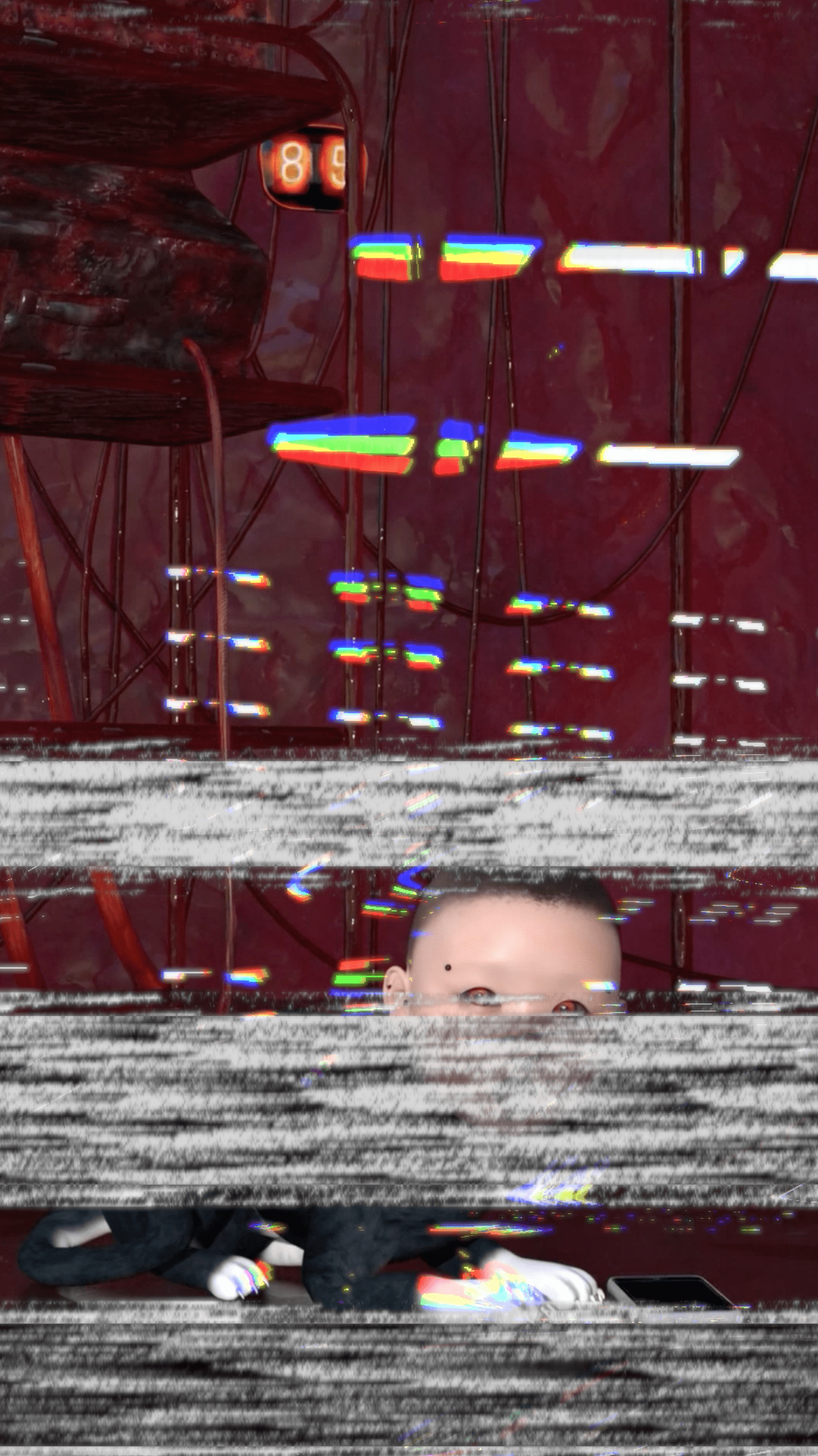 Wednesday Kim- a glitch image under which you can see a red field, white horizontal lines, and what appears to be a baby head.
