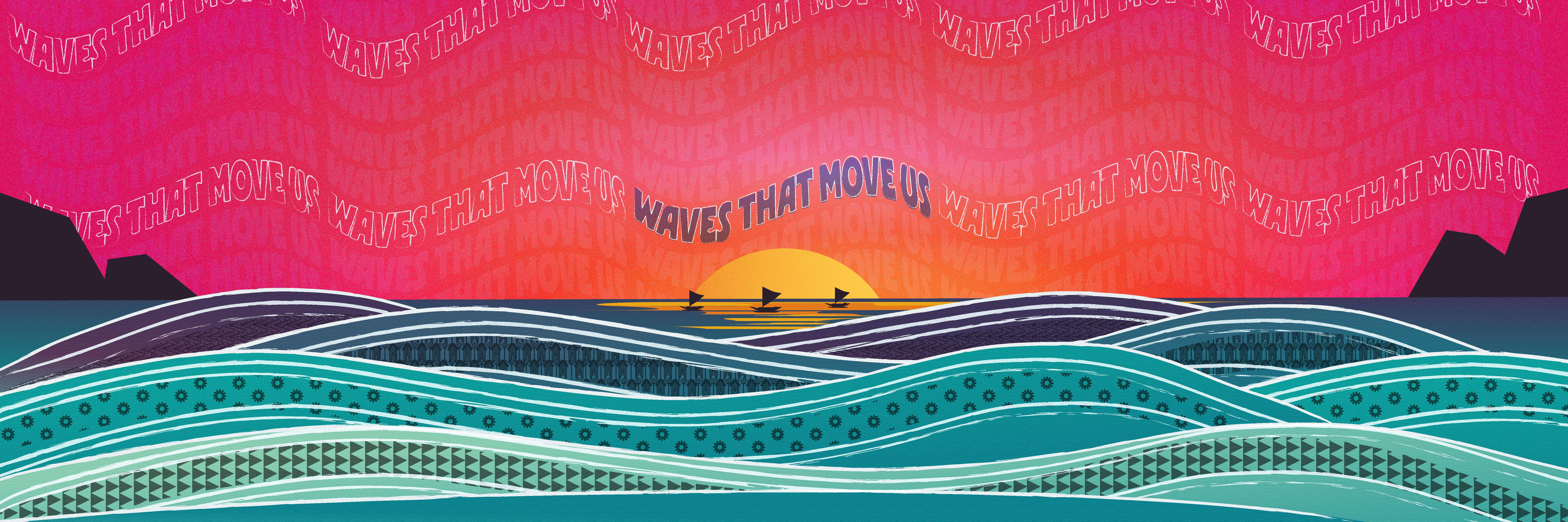 Waves that Move Us header, blue waves with textures of different Asian Pacific Desi American patterns, words in the sand "Asian, Pacific Islander, & Desi American Heritage Month 2026"