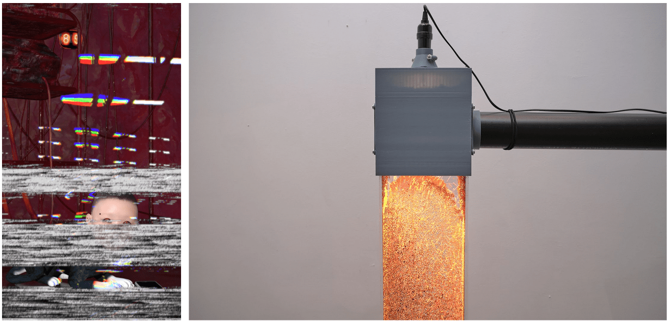 Side-by-side artworks. Left: Wednesday Kim- a glitch image under which you can see a red field, white horizontal lines, and what appears to be a baby head. Right: Joshua Prince, a gray machine with a clear rectangular case in which tiny orange styrofoam balls move and glow.