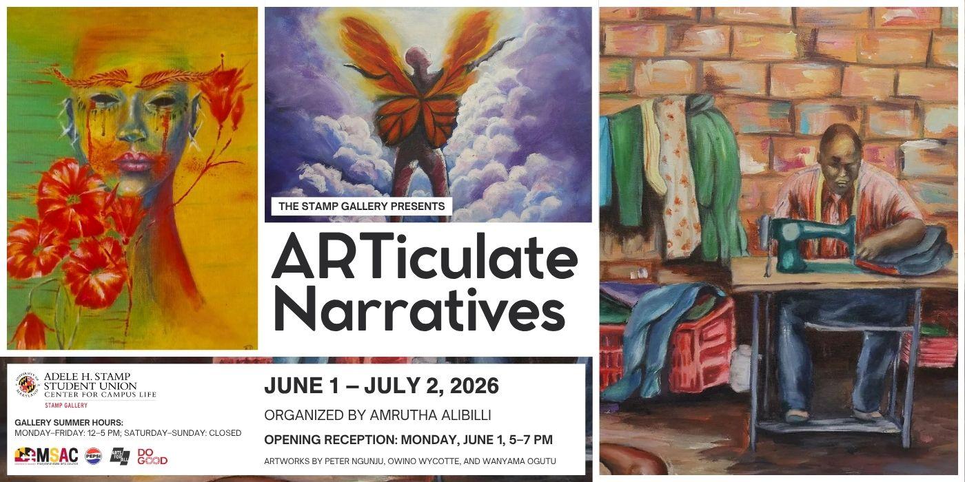 Image includes three artworks. On the left is Peter ngunju's painting of a woman and a red flower, in the middle is Owino Wycotte's painting of a person with butterfly wings against purple clouds, and on the right is wanyama ogutu's painting of a man sewing as he sits in front of a brick wall. The image reads additional information about the exhibition, included in the body of text below.