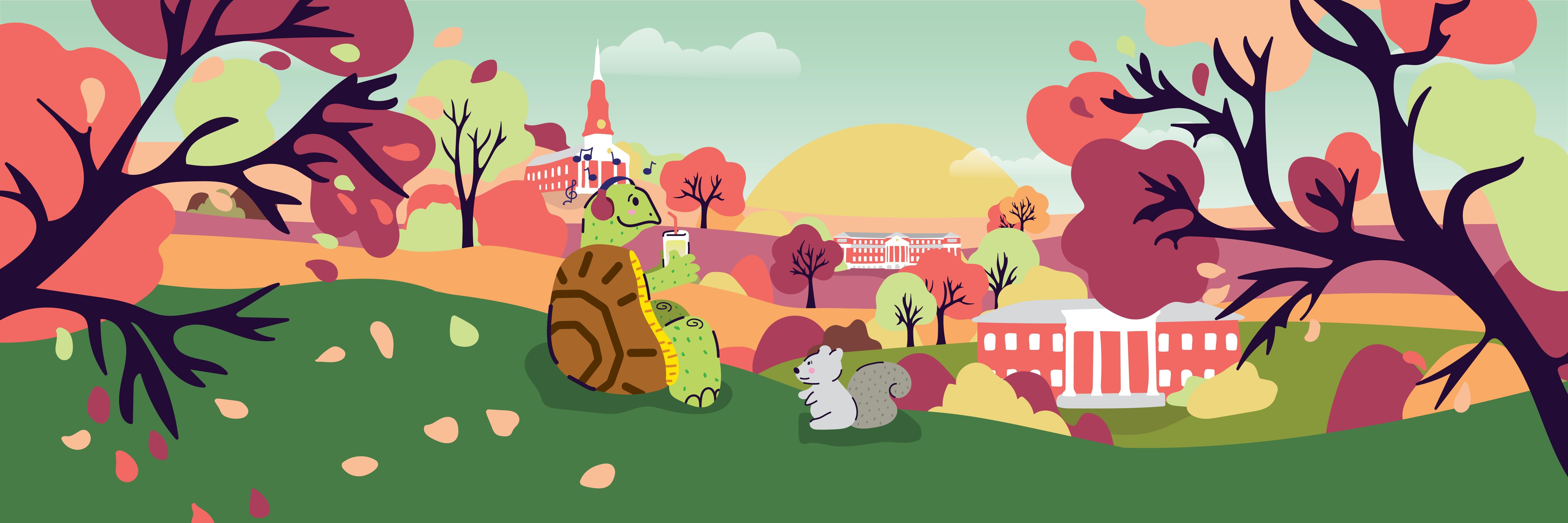Brightly-colored illustration of an anthropomorphic turtle and a squirrel gazing at the University of Maryland campus in the springtime.