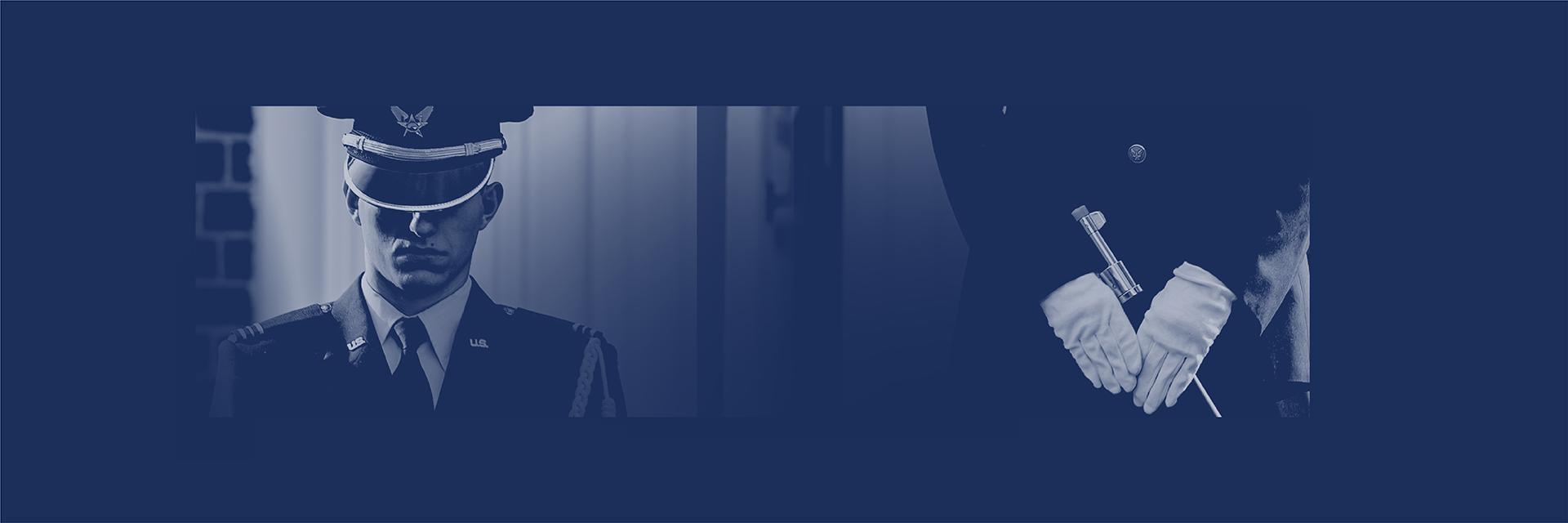 A dark blue banner featuring a split image of an Air Force service member in dress uniform and a close-up of white-gloved hands holding a ceremonial rifle.