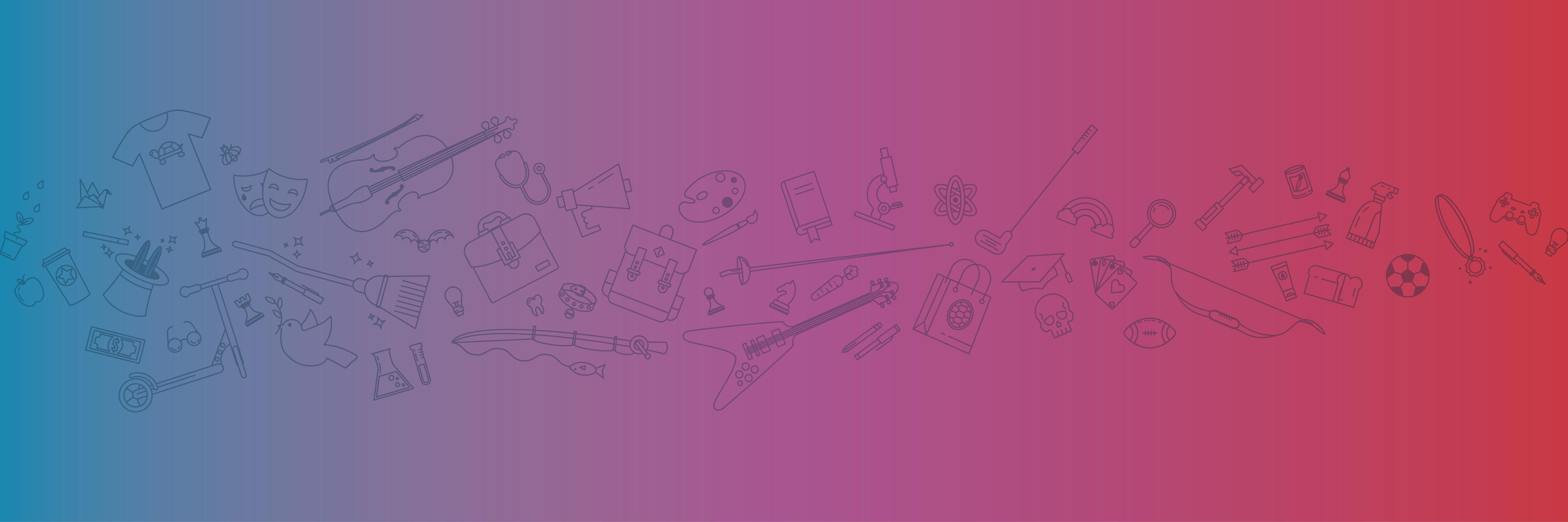 Graphic with a blue-to-red gradient showing a cascade of icons representing UMD's different student organizations 