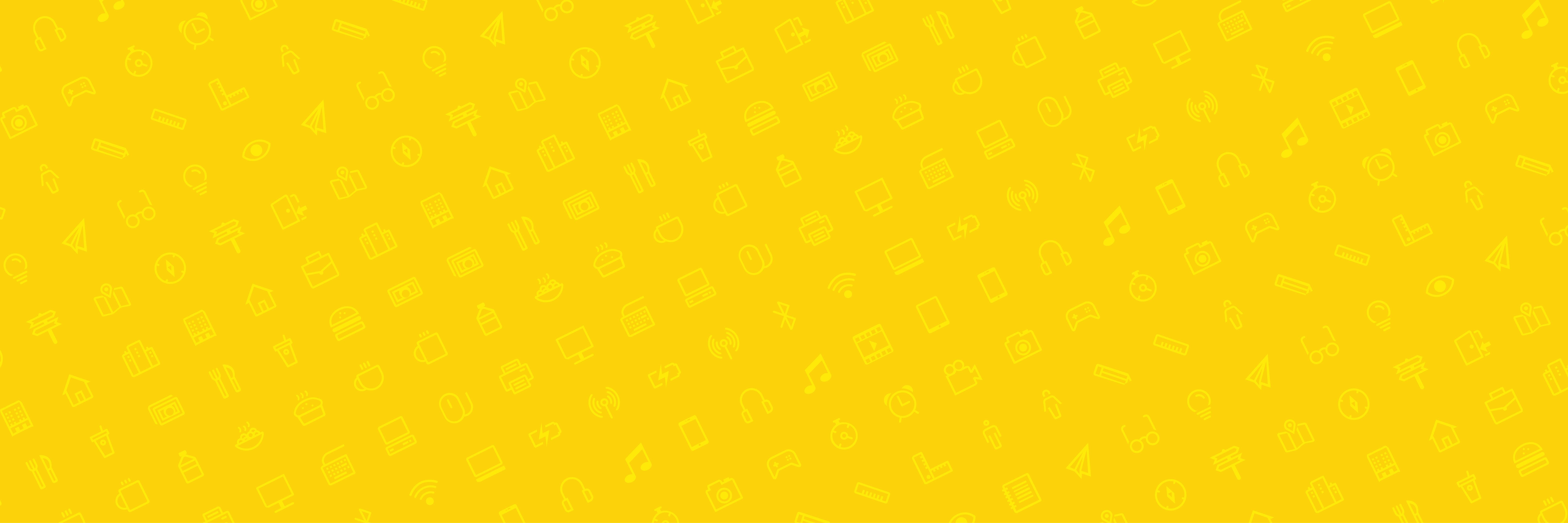 Yellow image with an allover print of icons representing student life
