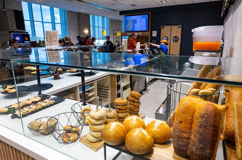 Display case of bread and pastries at Panera Bread in the Stamp Student Union.