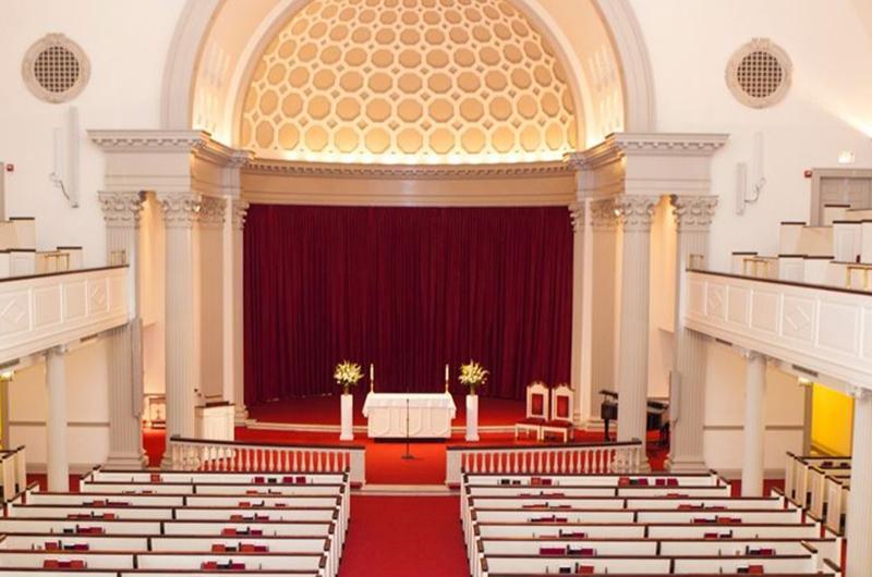 A view from the pews looking toward the altar of Memorial Chapel.