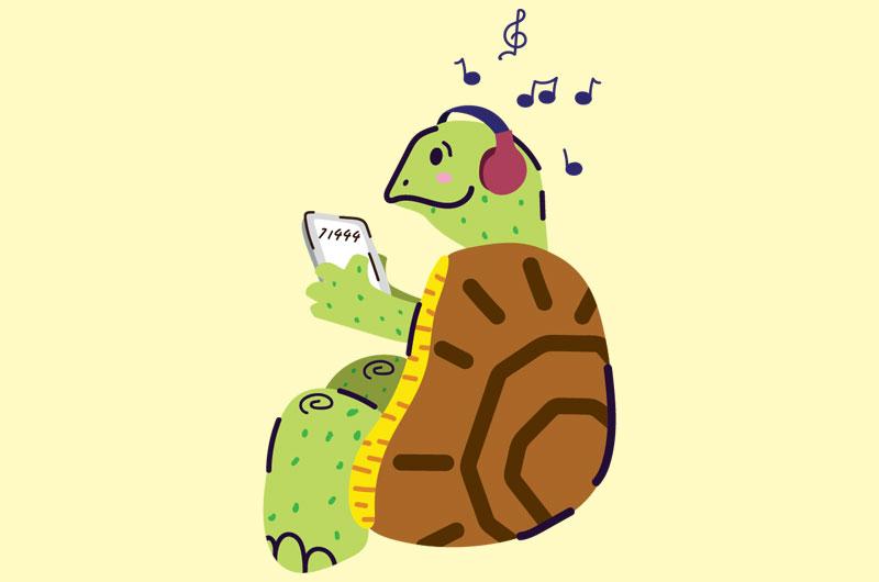 drawing of a turtle with headphones and texting on a phone. 