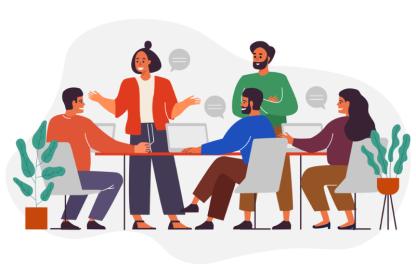 Cartoon people at a table talking