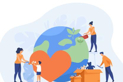 Cartoon people working together around a globe.