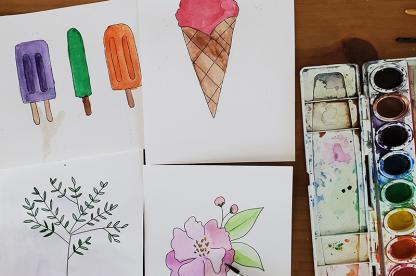 Four watercolor paintings of ice cream, popsicles, branches, and a flower.